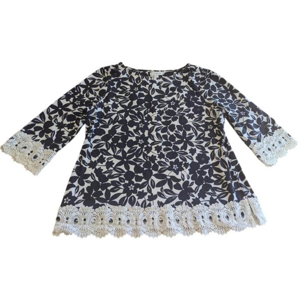 Charter Club Floral Tunic Top Crochet Trim 3/4 Sleeve Blouse Large